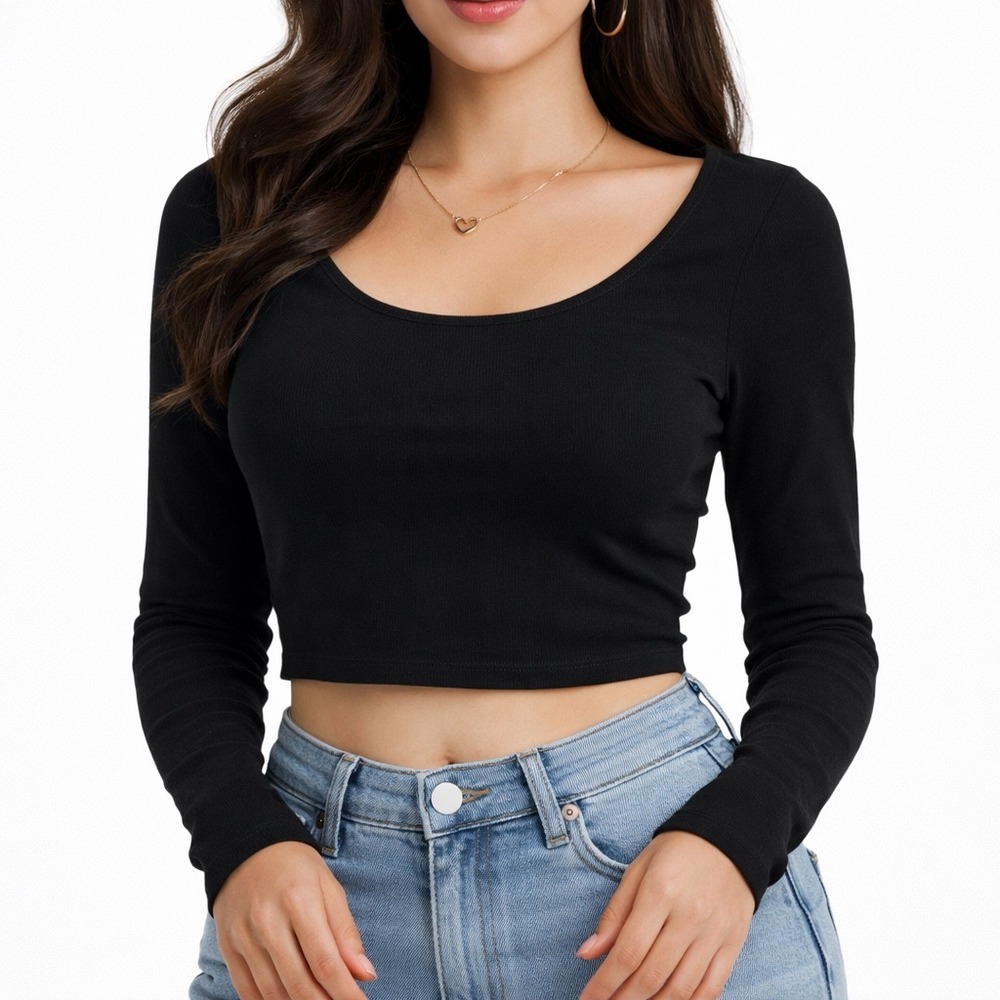 Brandy Melville Black Jillian Long Sleeve Scoop Neck Cropped Top One Size / S